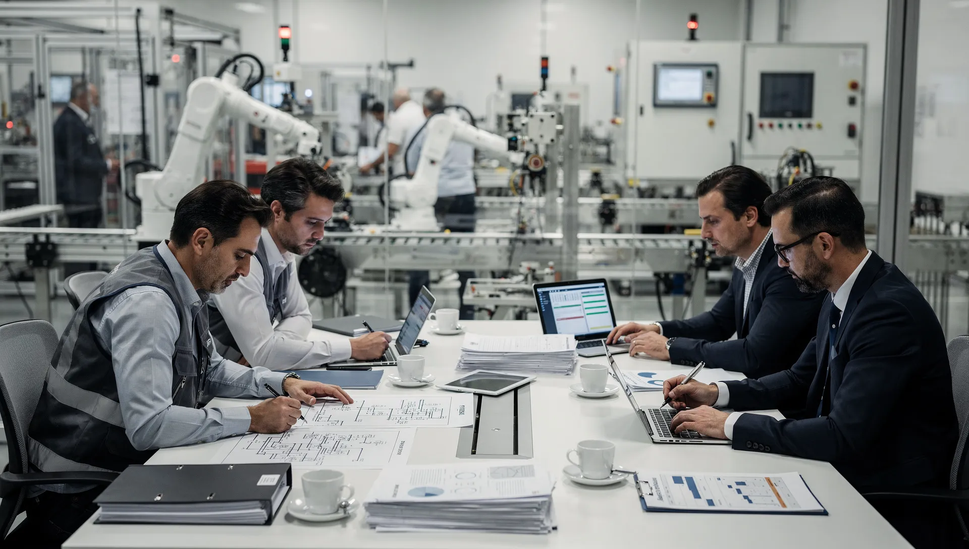Riunione tecnica e commerciale in un'azienda di automazione industriale con schede prodotto e documentazione sul tavolo