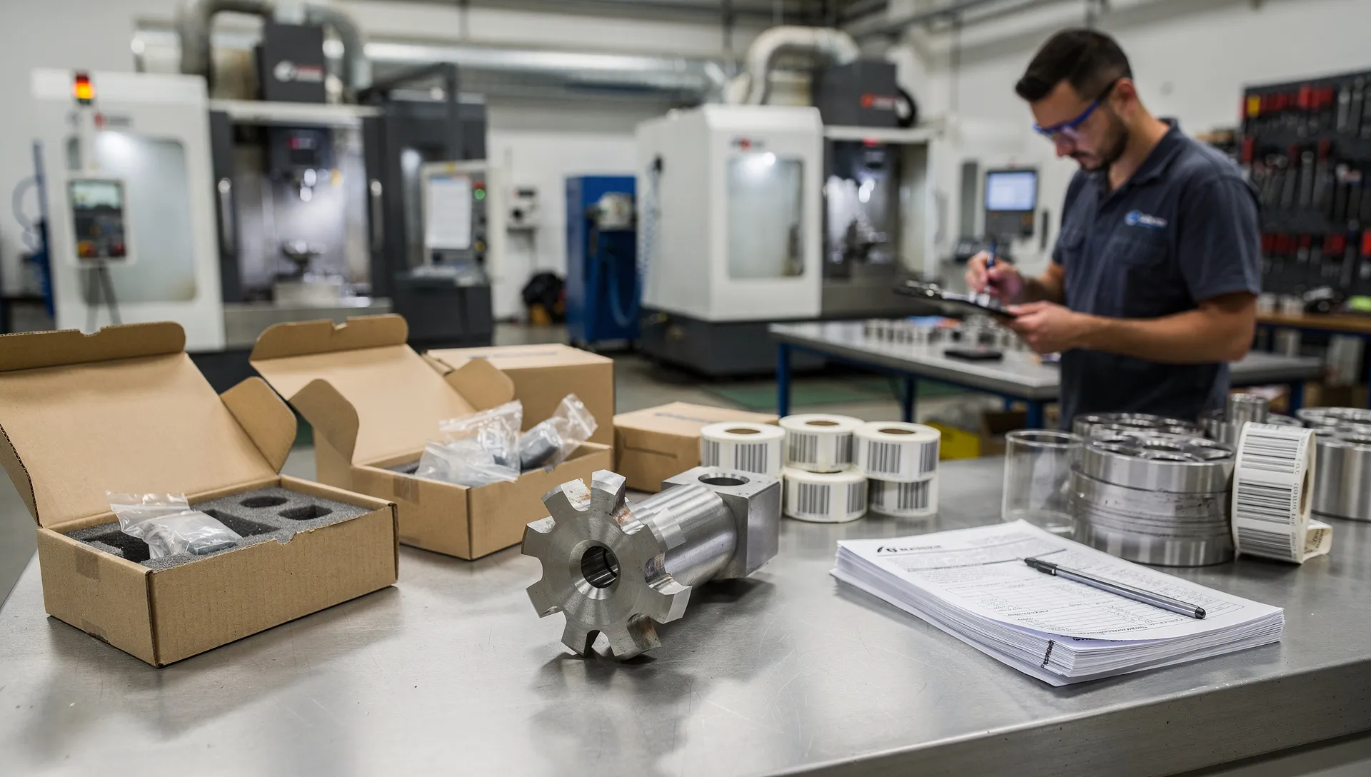 Controllo qualità di un utensile speciale con etichette di imballo e documenti di tracciabilità in officina