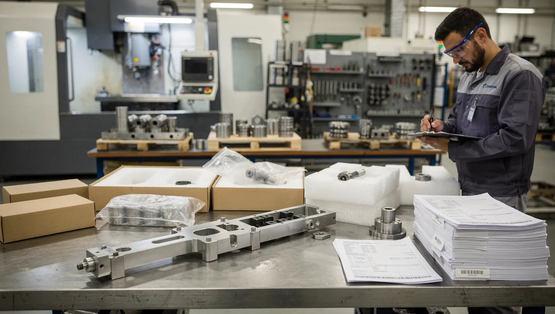 Controllo qualità di un utensile speciale con etichette di imballo e documenti di tracciabilità in officina