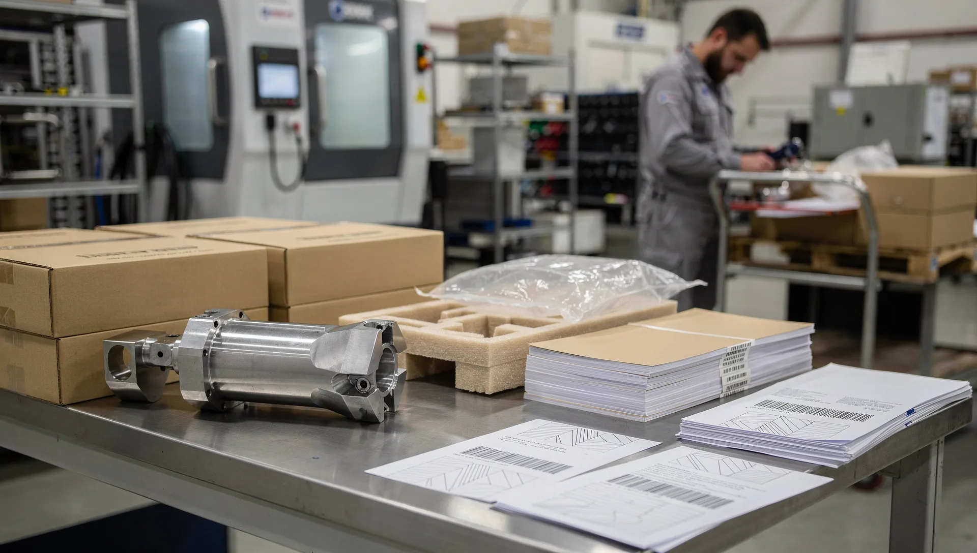 Controllo qualità di un utensile speciale con etichette di imballo e documenti di tracciabilità in officina